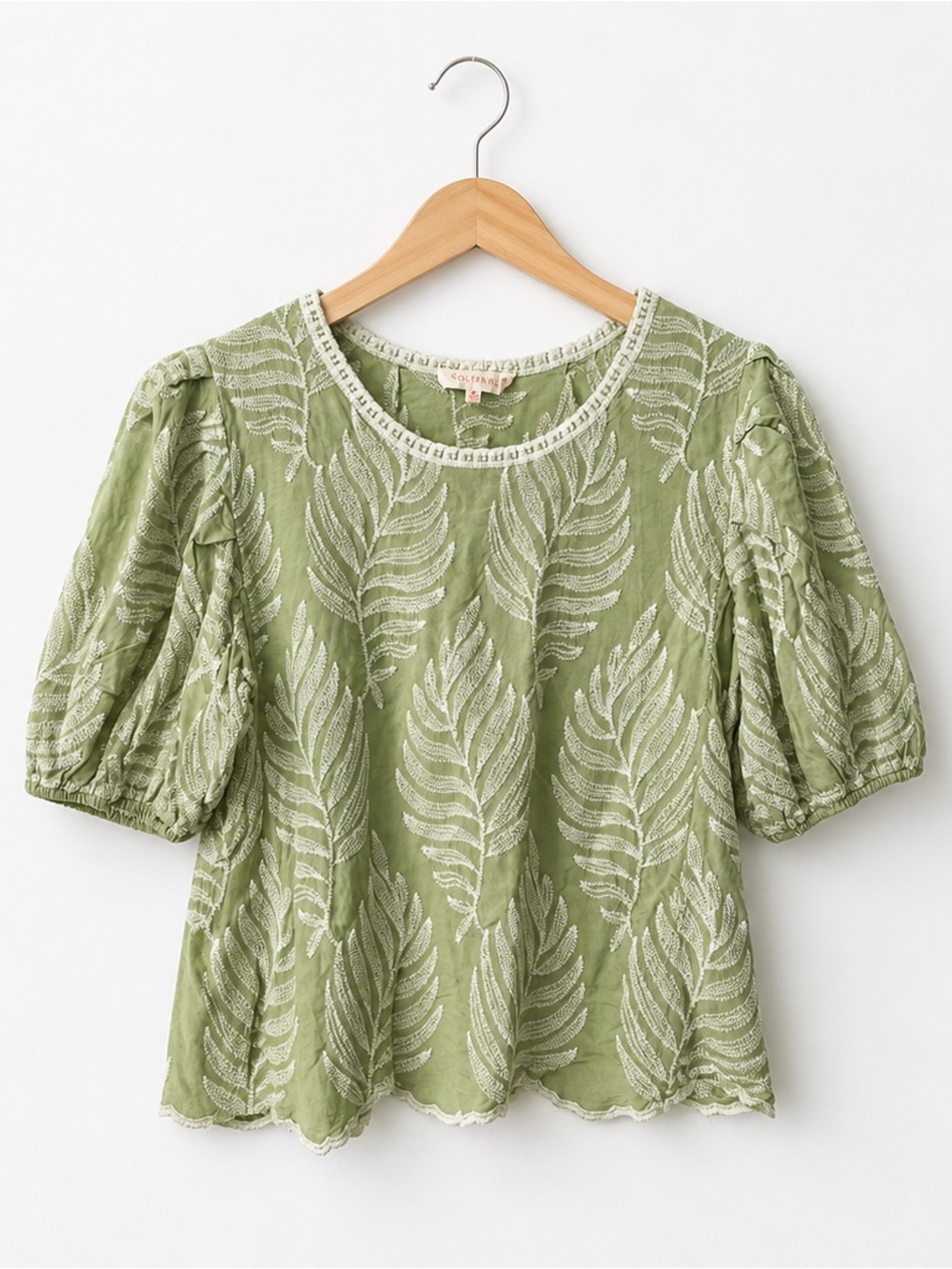 Anthropologie Solitaire Olive Green Embroidered Puff Sleeve Top Size M